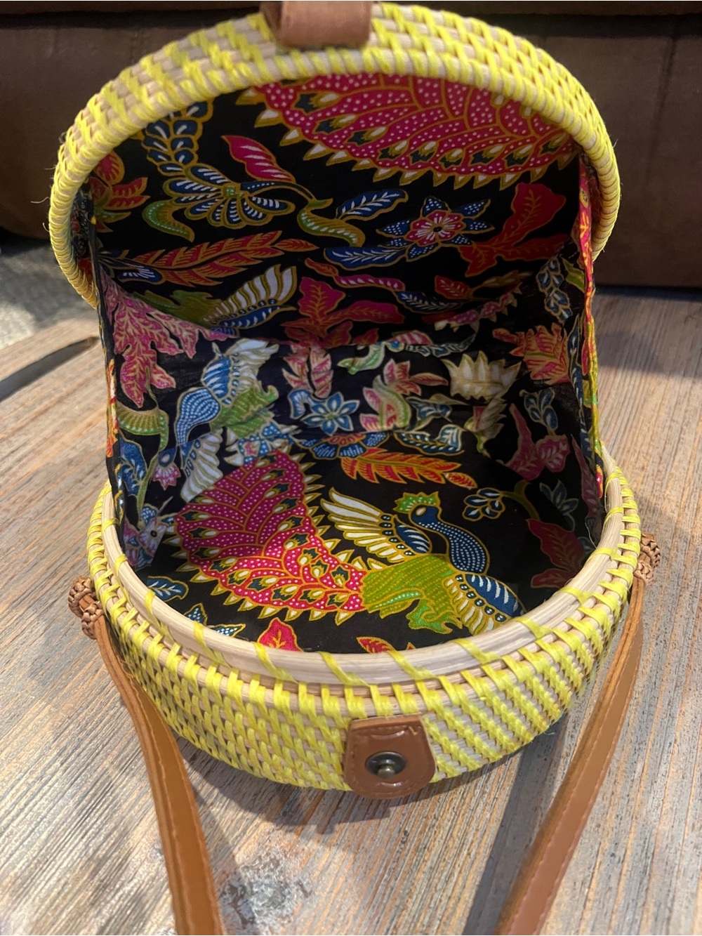 Boho Round Rattan Crossbody Bag Purse yellow Blue Bali Wicker Straw Beach/Summer - Picture 9 of 12